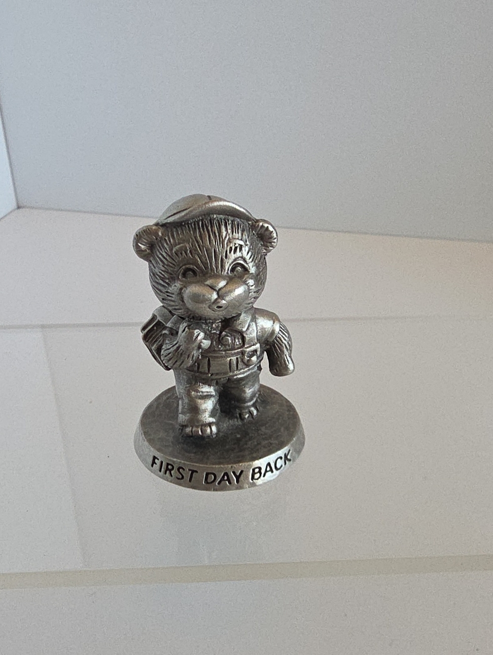Vintage 1983 Avon Pewter 2" Figurine First Day Back Bear w/Backpack